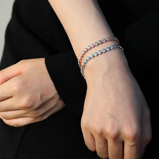 Everyday elegant rose gold tennis bracelet lined with sparkling cubic zirconia