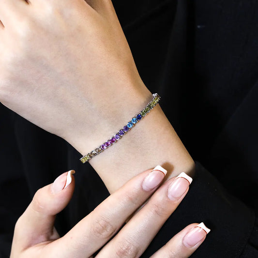 Multicolor round zirconia bracelet with silver finish, stylish tennis design