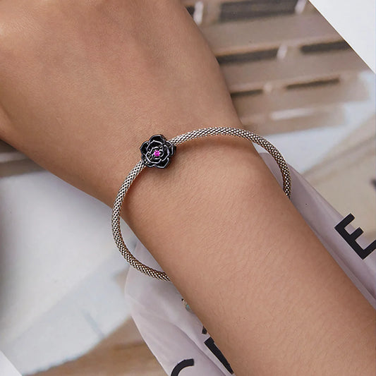 Gothic Black Rose Charm Bead with black gold plating – dark floral design for Halloween bracelets and gothic jewelry