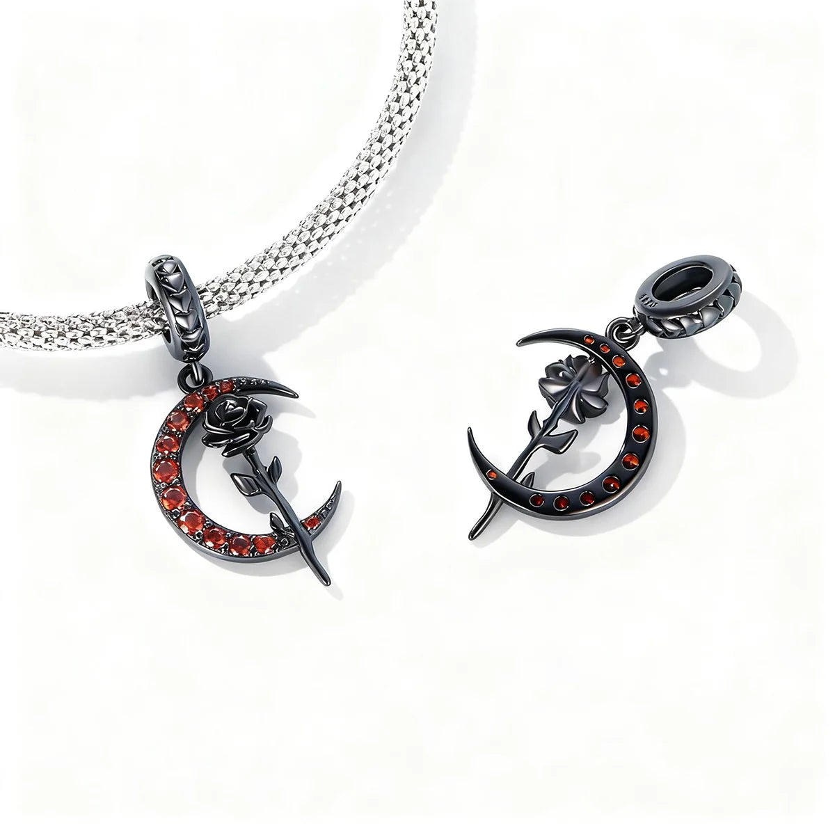 Black Gold Plated Sterling Silver Moon & Rose Charm for Bracelets
