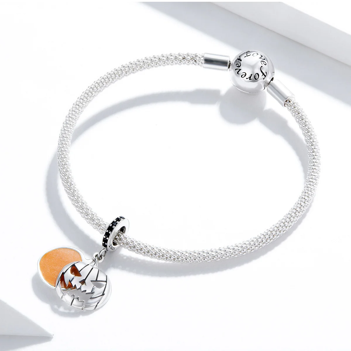 Spooky Pumpkin Charm Bead in Sterling Silver with Enamel and Pavé CZ