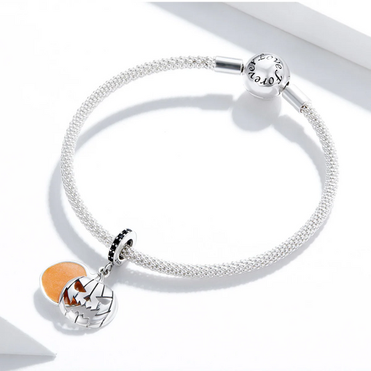 Spooky Pumpkin Charm Bead in Sterling Silver with Enamel and Pavé CZ