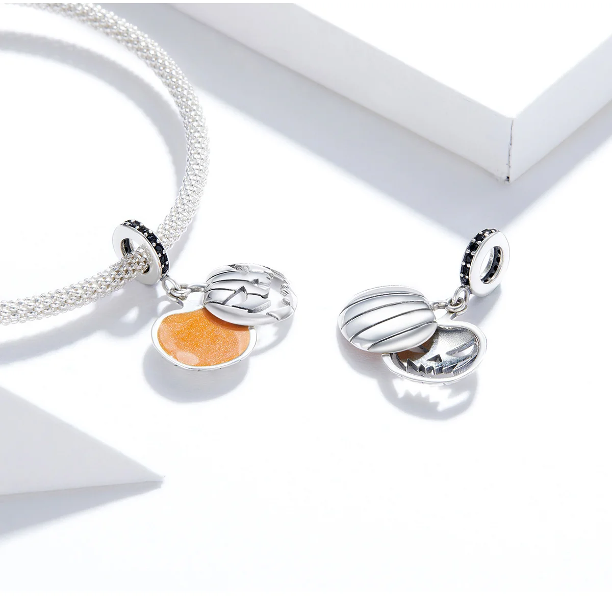 Spooky Pumpkin Charm Bead in Sterling Silver with Enamel and Pavé CZ
