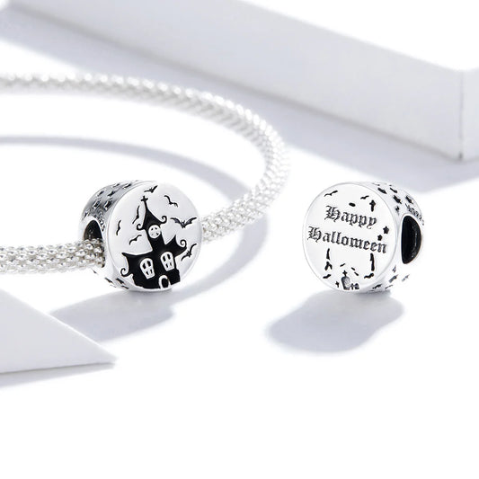 Gothic Haunted Castle Bracelet Bead, Oxidized Silver with Enamel