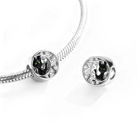 Halloween Black Cat Bracelet Charm, Platinum Plated Sterling Silver Bead