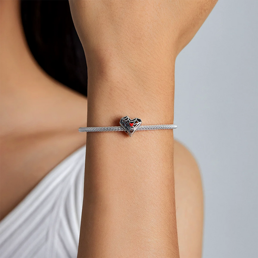 Spiderweb Heart charm bead made of 925 sterling silver, oxidized finish heart pendant with spiderweb design for bracelets