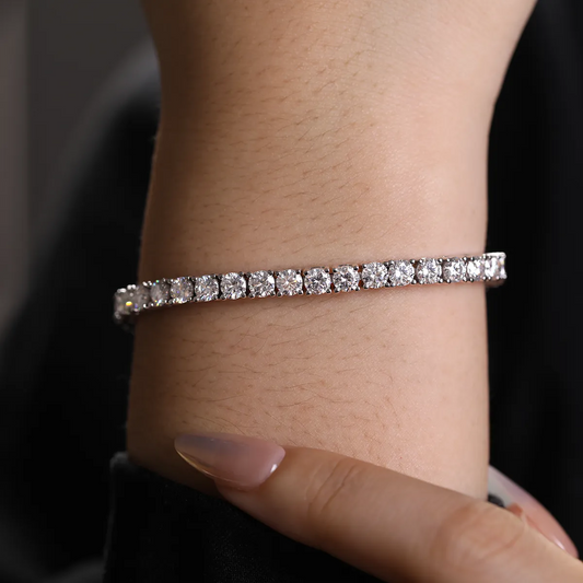 Round Moissanite Infinity Bracelet in 925 sterling silver with 18K white gold plating, featuring prong-set moissanites and an infinity-shaped clasp symbolizing eternity.