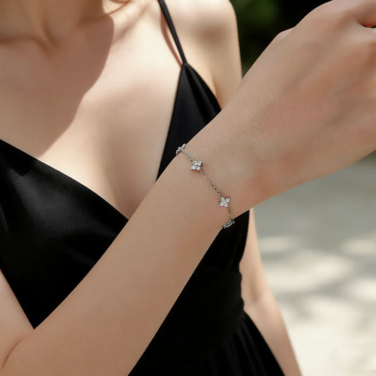 four leaf clover moissanite dainty bracelet in sterling silver
