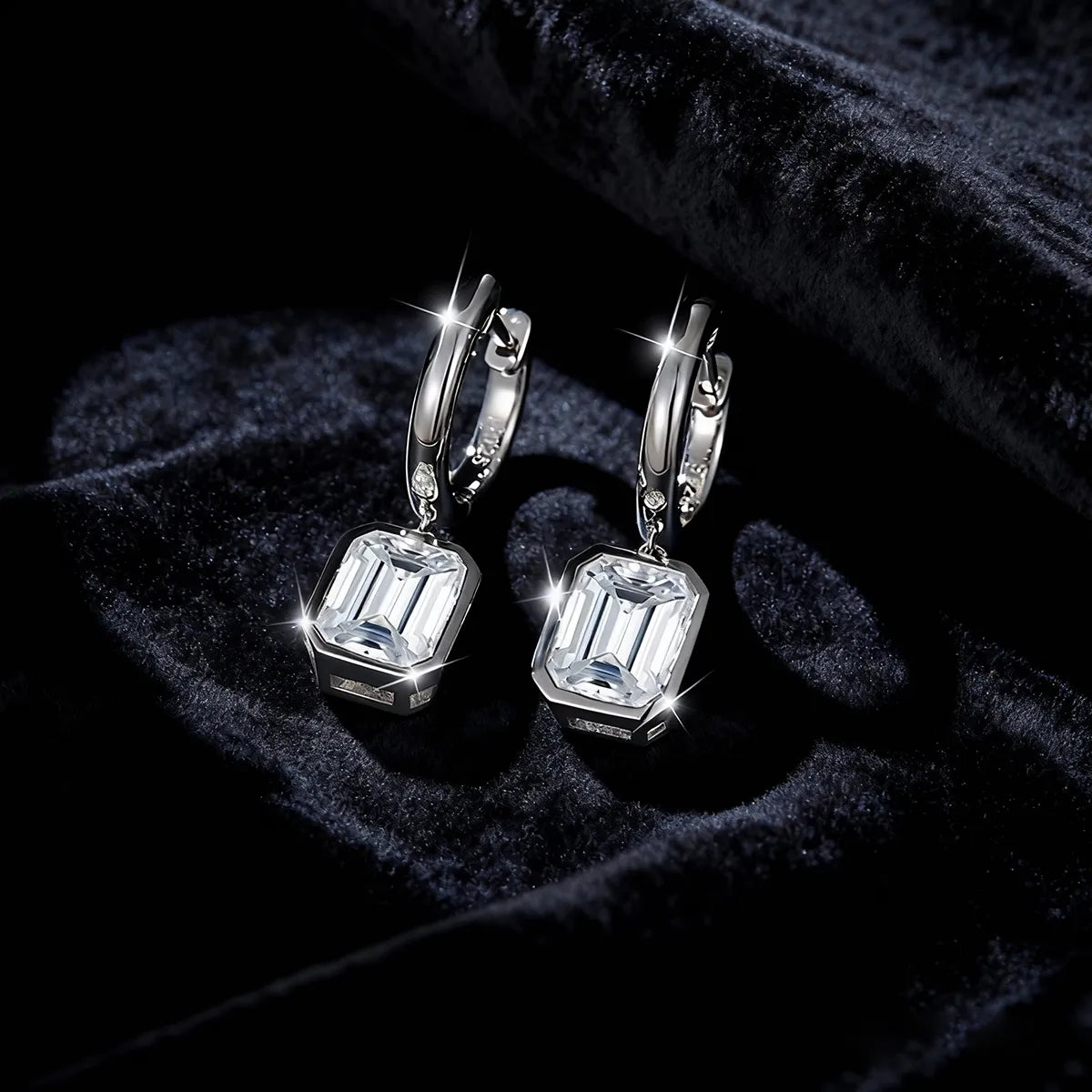 Vintage-inspired baguette cut 8×6 emerald-cut moissanite drop hoop earrings, 925 sterling silver with 18K white gold plating.