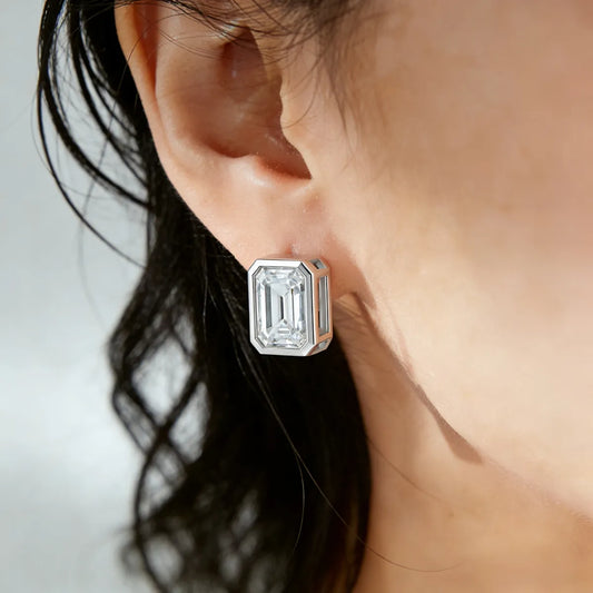 Emerald-cut 10×8mm moissanite solitaire stud earrings, 925 sterling silver with 18K white gold plating and octagon bezel setting.