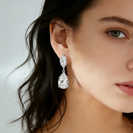 Double teardrop 11×7mm pear-cut moissanite drop earrings, 925 sterling silver with 18K white gold plating.