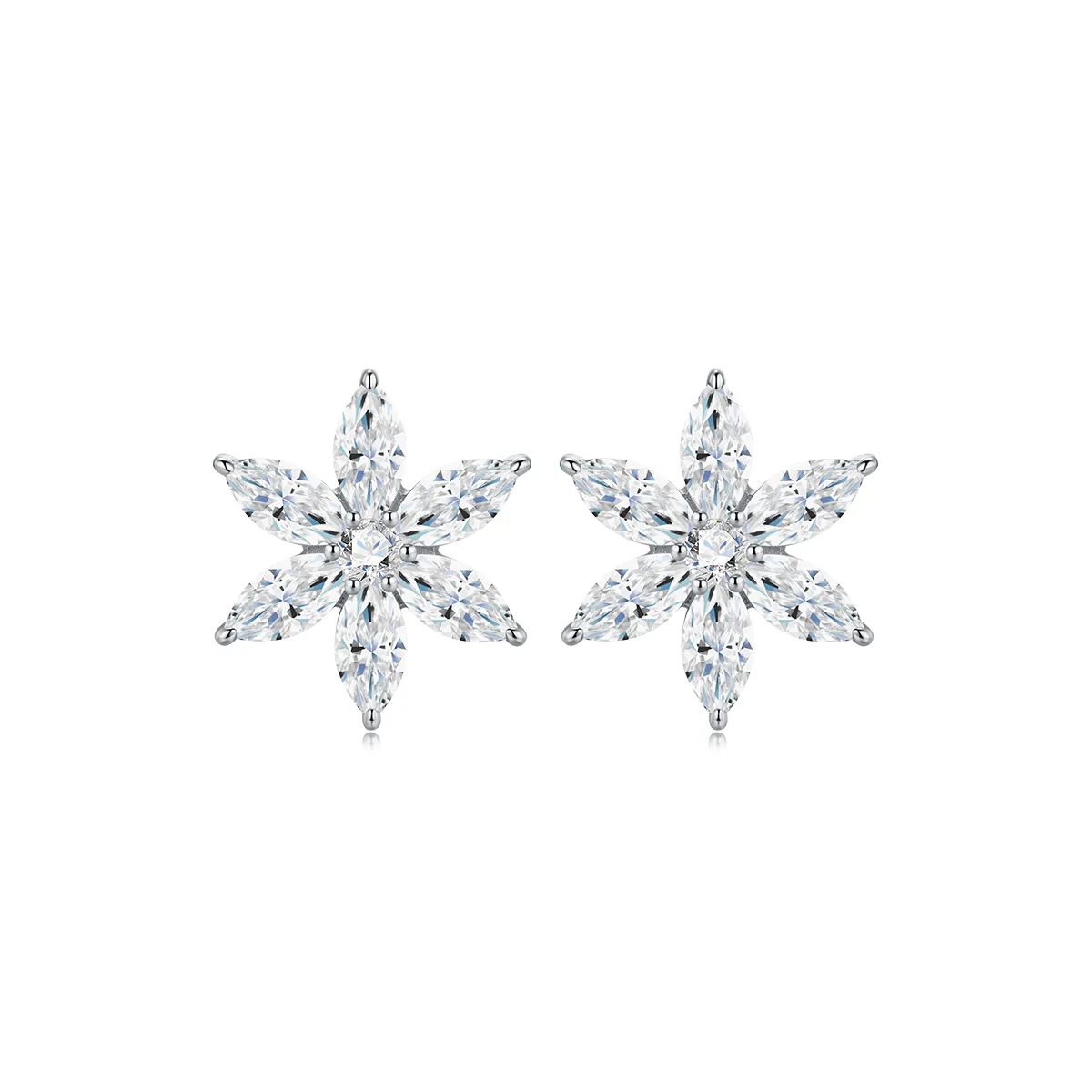 sterling silver starflower stud earrings with marquise cut moissanite stones