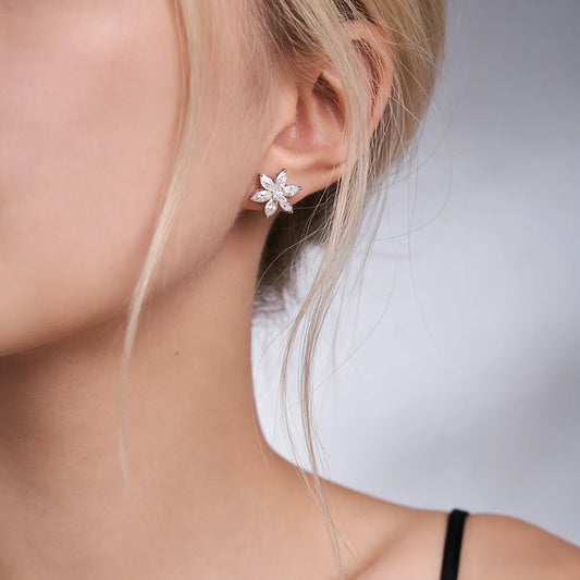 sterling silver starflower stud earrings with marquise cut moissanite stones