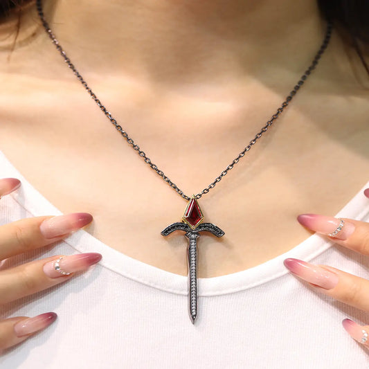 Black Gold and Yellow Gold Sword Necklace with Kite-Cut Lab Ruby