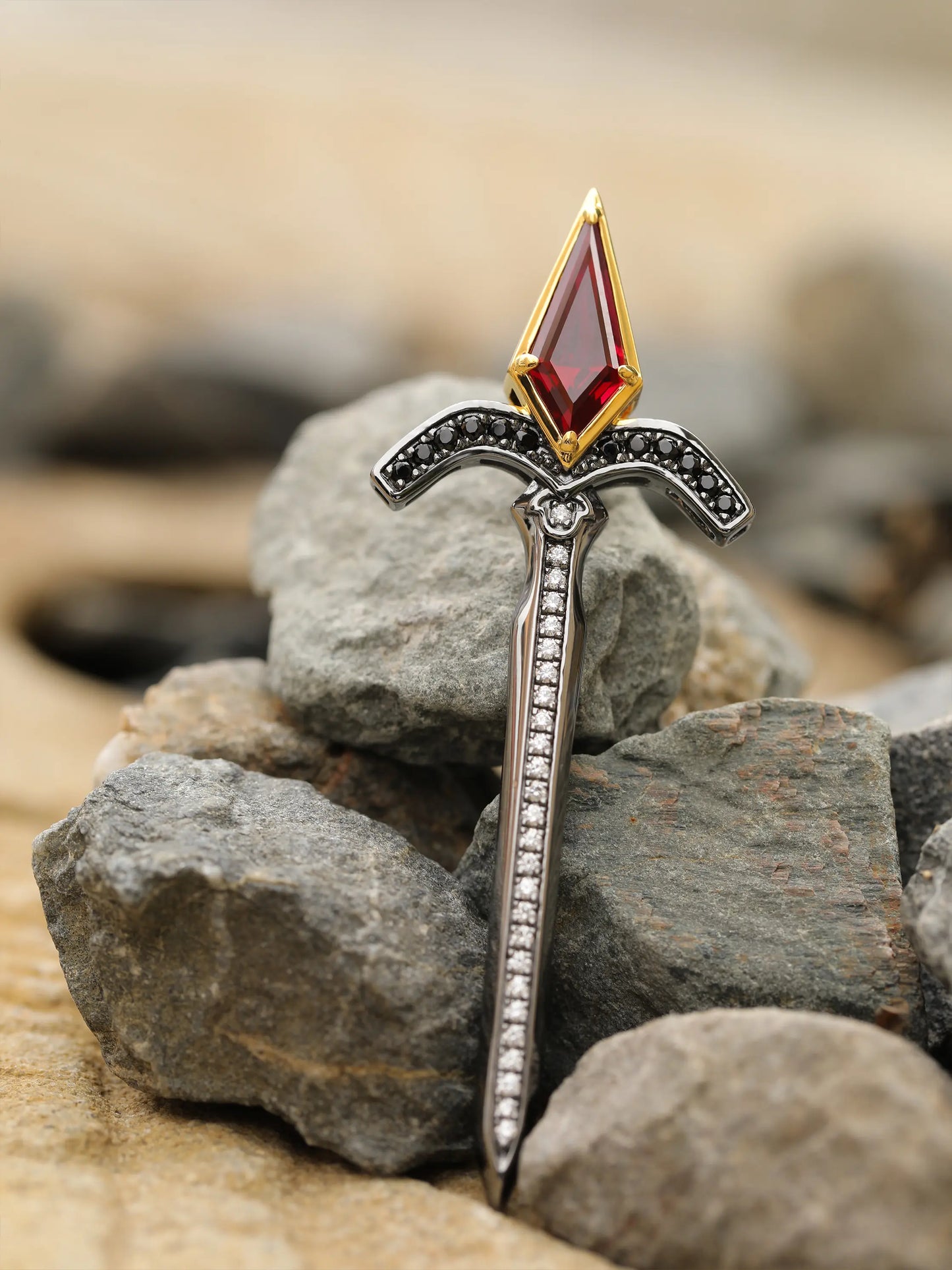Black Gold and Yellow Gold Sword Necklace with Kite-Cut Lab Ruby