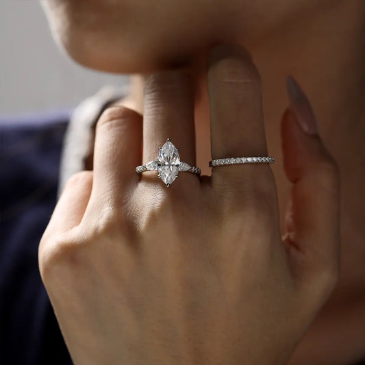 3ct Marquise Cut Moissanite Engagement Ring with Pear and Round Side Stones