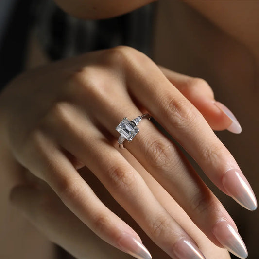Sleek 3ct Moissanite Engagement Ring, Emerald Cut with Side Stones