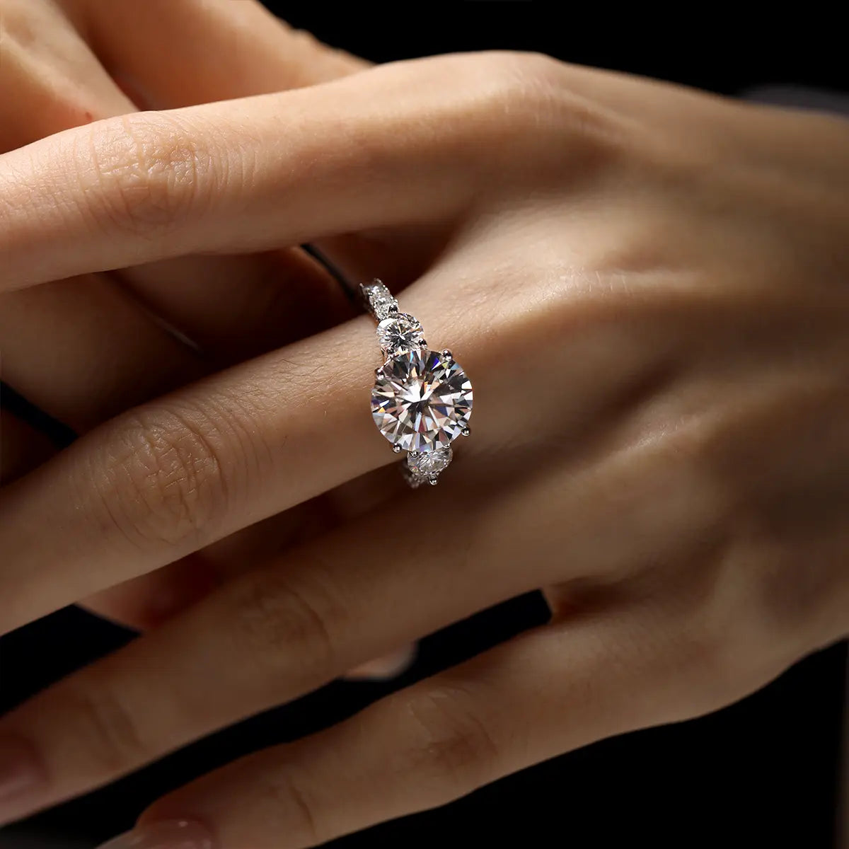 Luxury 5 Carat Round Moissanite Engagement Ring with Three-Stone Design and Pavé Band
