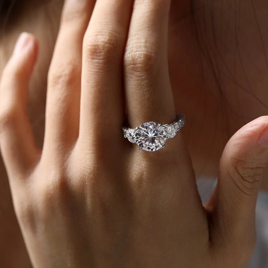 Luxury 5 Carat Round Moissanite Engagement Ring with Three-Stone Design and Pavé Band