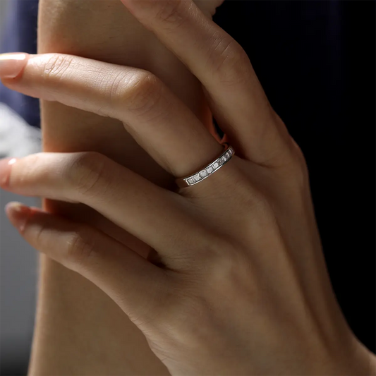 Dainty 2mm moissanite half eternity ring, perfect for stacking or daily wear