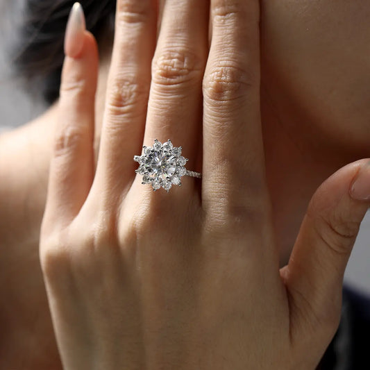 3ct Sunflower Moissanite Engagement Ring with 8 Heart 8 Arrow Cut