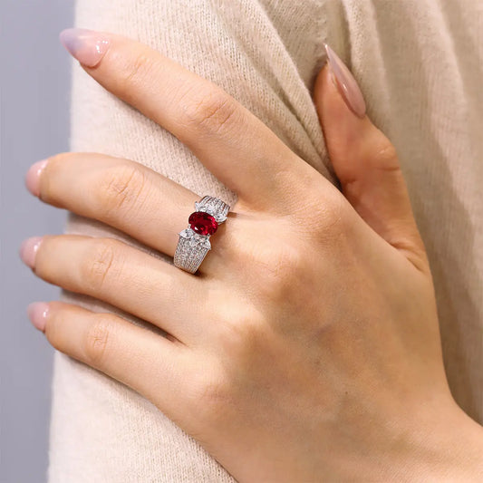 Romantic ruby promise ring with marquise CZ side stones, vintage design