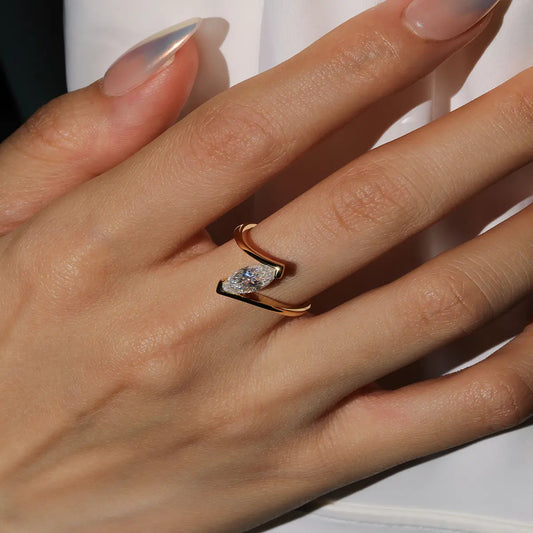 Twisted semi-bezel marquise moissanite solitaire ring, modern gold plated silver design