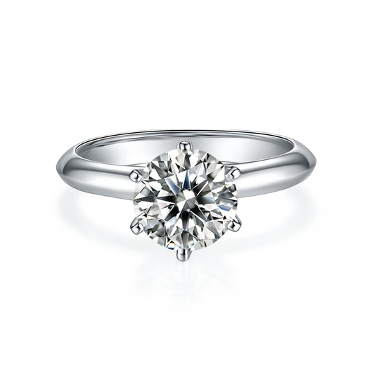 2ct round moissanite ring with classic six-prong setting in 925 sterling silver and 18K white gold plating, elegant and timeless engagement style