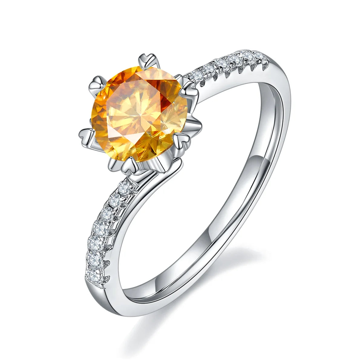 Round moissanite six-prong twisted band ring in silver, 1 carat center stone.