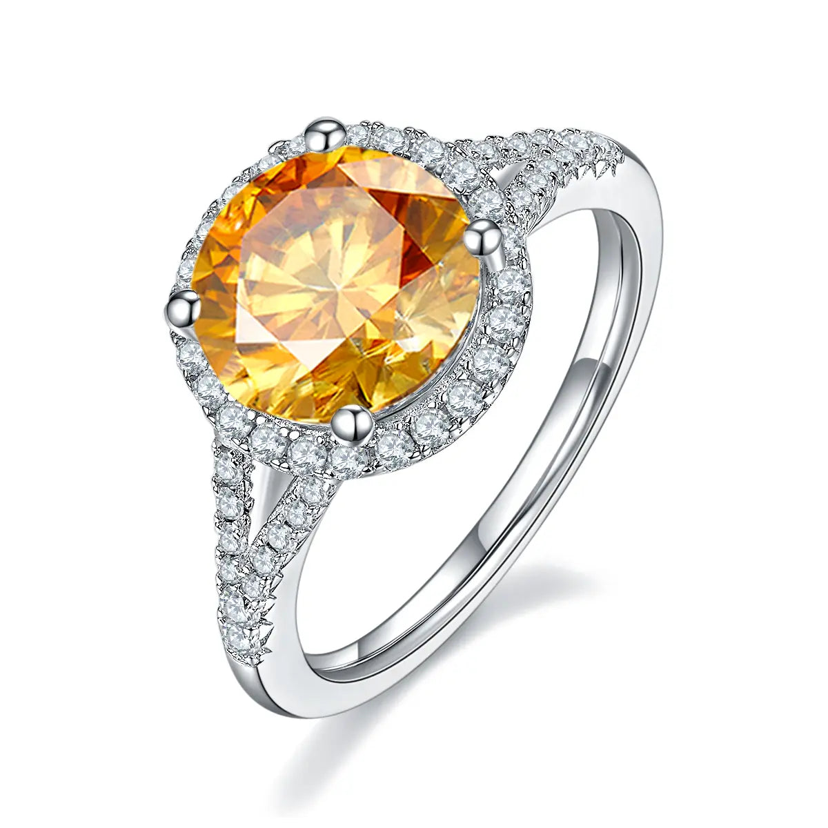 3ct round moissanite halo ring, split shank design, sterling silver with white gold plating.