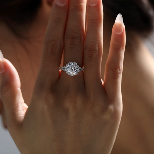 3ct round moissanite halo ring, split shank design, sterling silver with white gold plating.