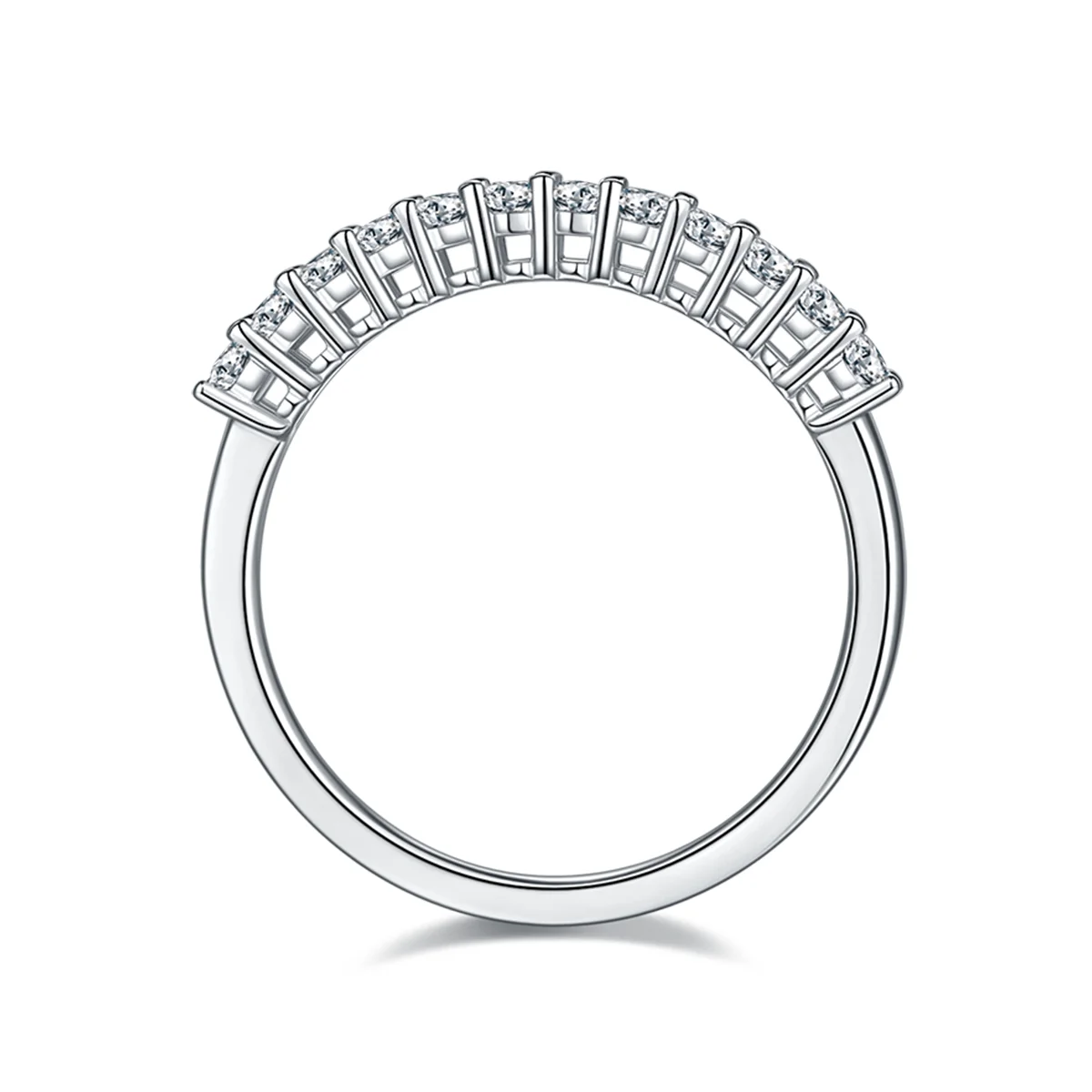 1.0ct Oval Moissanite Half Eternity Ring in 925 Sterling Silver with 18K White Gold Plating, featuring twelve oval-cut moissanites for timeless elegance.