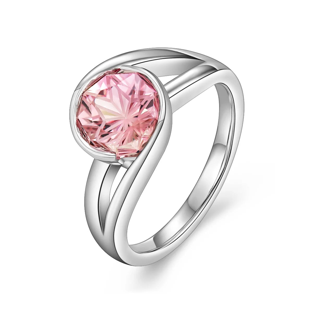 Close-up of the pinkish-orange lab-grown bi-color sapphire with radiant nine-sided facets, reflecting soft peach and coral hues under light