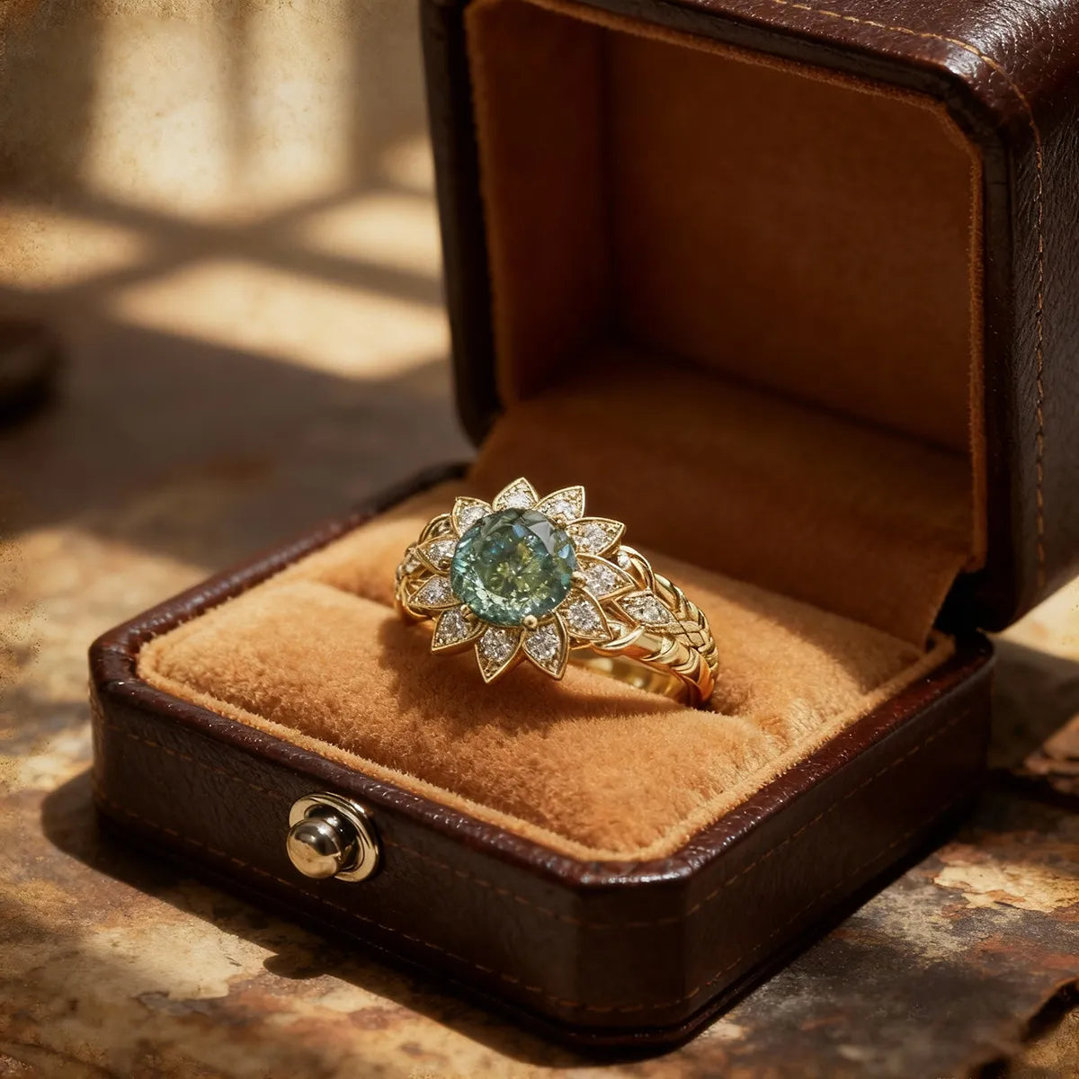 light green lab diamond floral ring with round center stone and marquise side stones