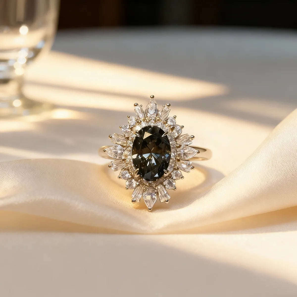 Elegant black lab-grown diamond ring with cluster setting