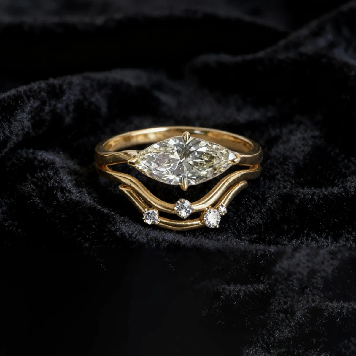 Double-layer wave ring with 2.0ct marquise lab diamond in yellow gold