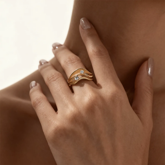 14k yellow gold double-layer wave openwork ring with 0.12ct round-cut white lab-grown diamonds