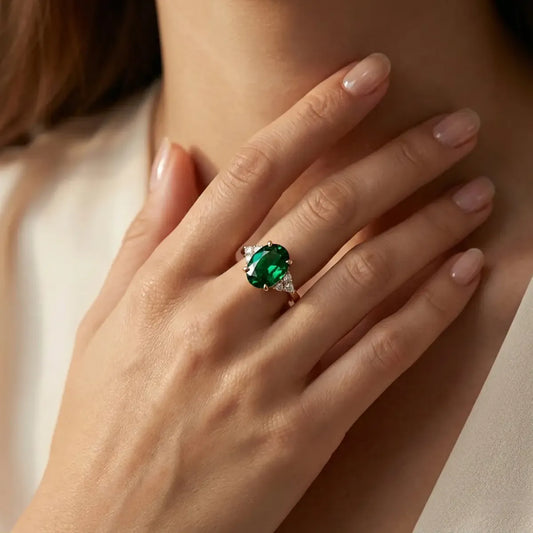 14K yellow gold ring with a 1.6ct oval-cut deep green lab-grown diamond and a slim classic band