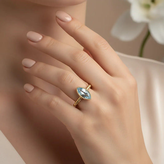 14k yellow gold marquise cut blue lab grown diamond solitaire ring