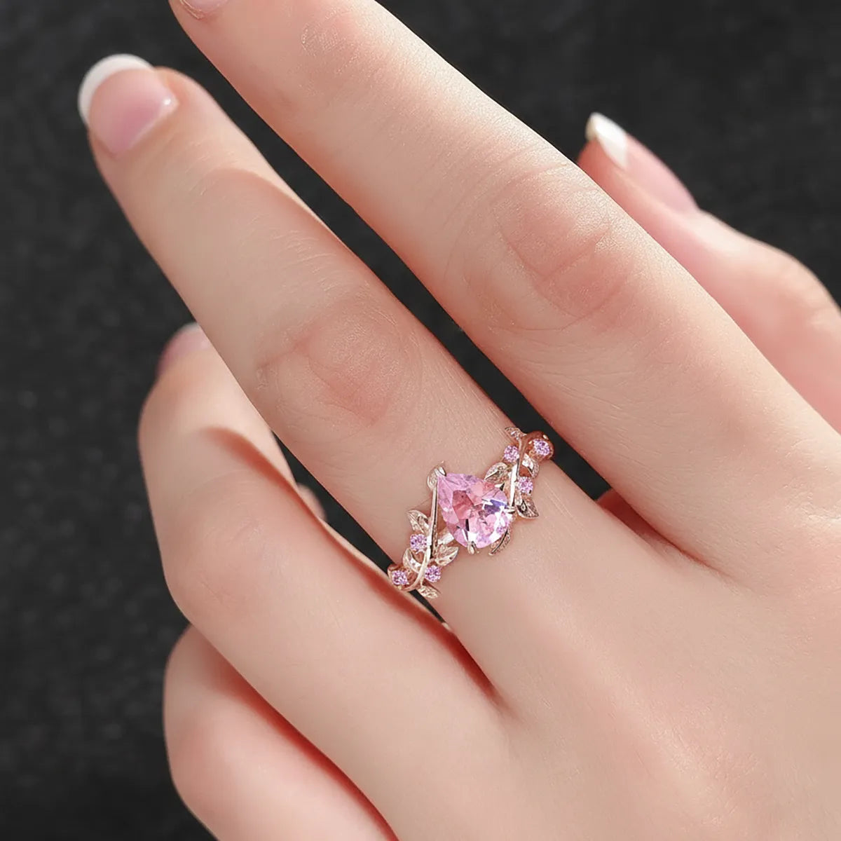 14K white gold vine ring with 2.0ct pear-cut pink lab-grown diamond, nature-inspired engagement or gift ring