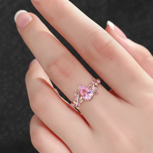 14K white gold vine ring with 2.0ct pear-cut pink lab-grown diamond, nature-inspired engagement or gift ring