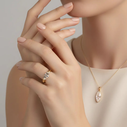 Marquise lab-grown diamond bezel set ring in 14K yellow gold