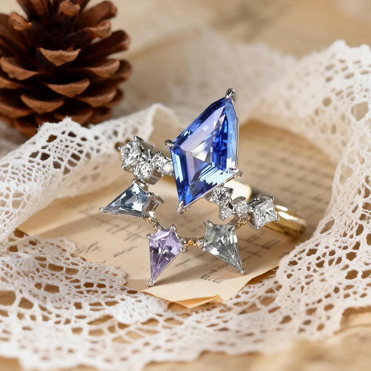 14K gold kite-cut lab-grown blue diamond ring with round lab-grown white diamond accents