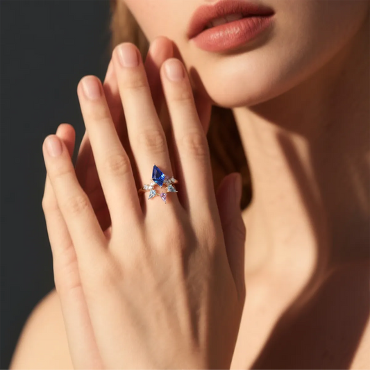 14K gold kite-cut lab-grown blue diamond ring with round lab-grown white diamond accents