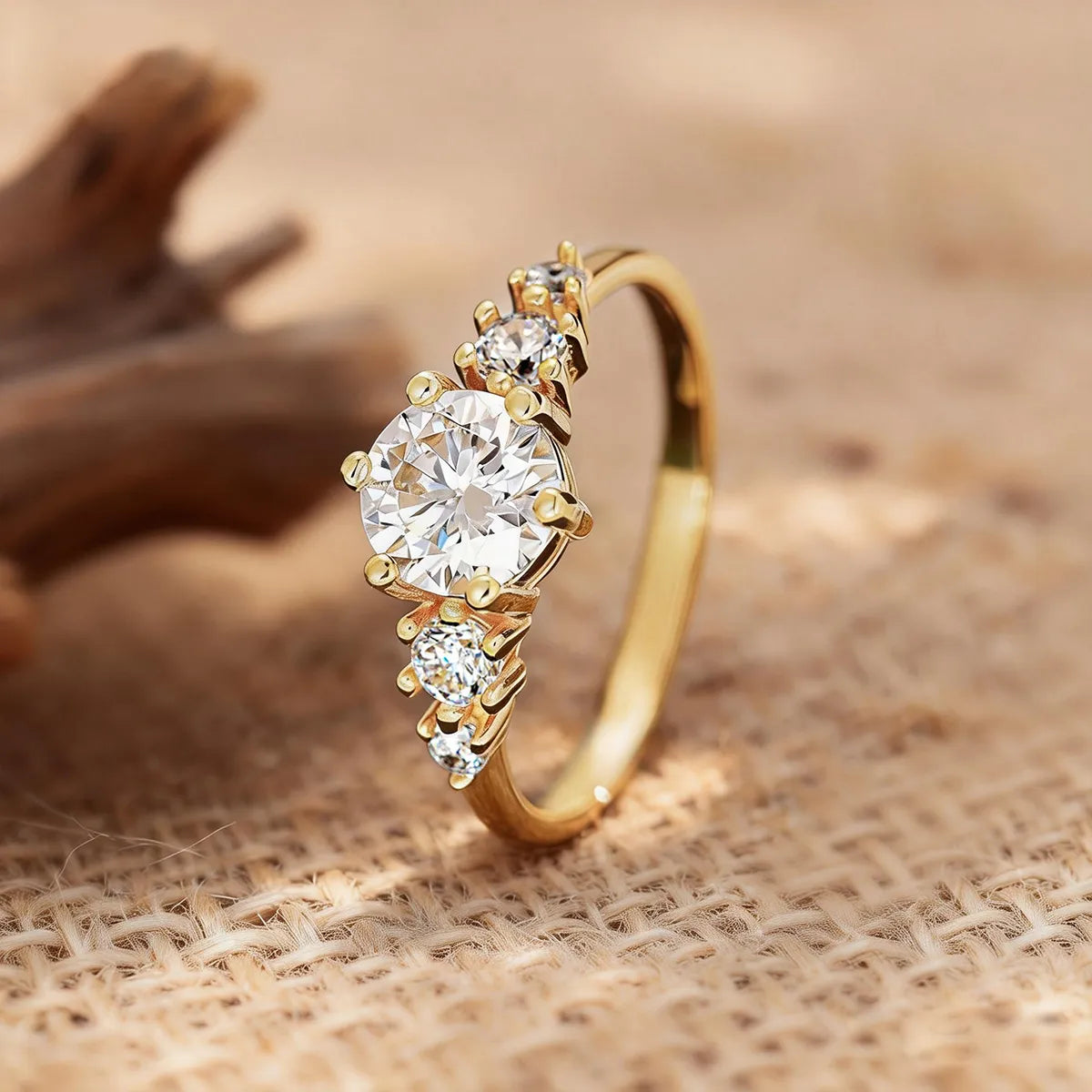 14K yellow gold round cut lab grown diamond three stone engagement ring