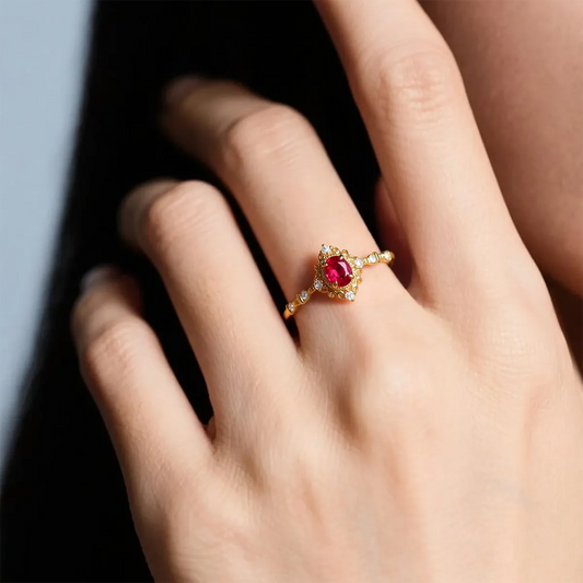 14K gold vintage filigree oval ring with 0.5ct lab-grown red diamond and round white diamond accents