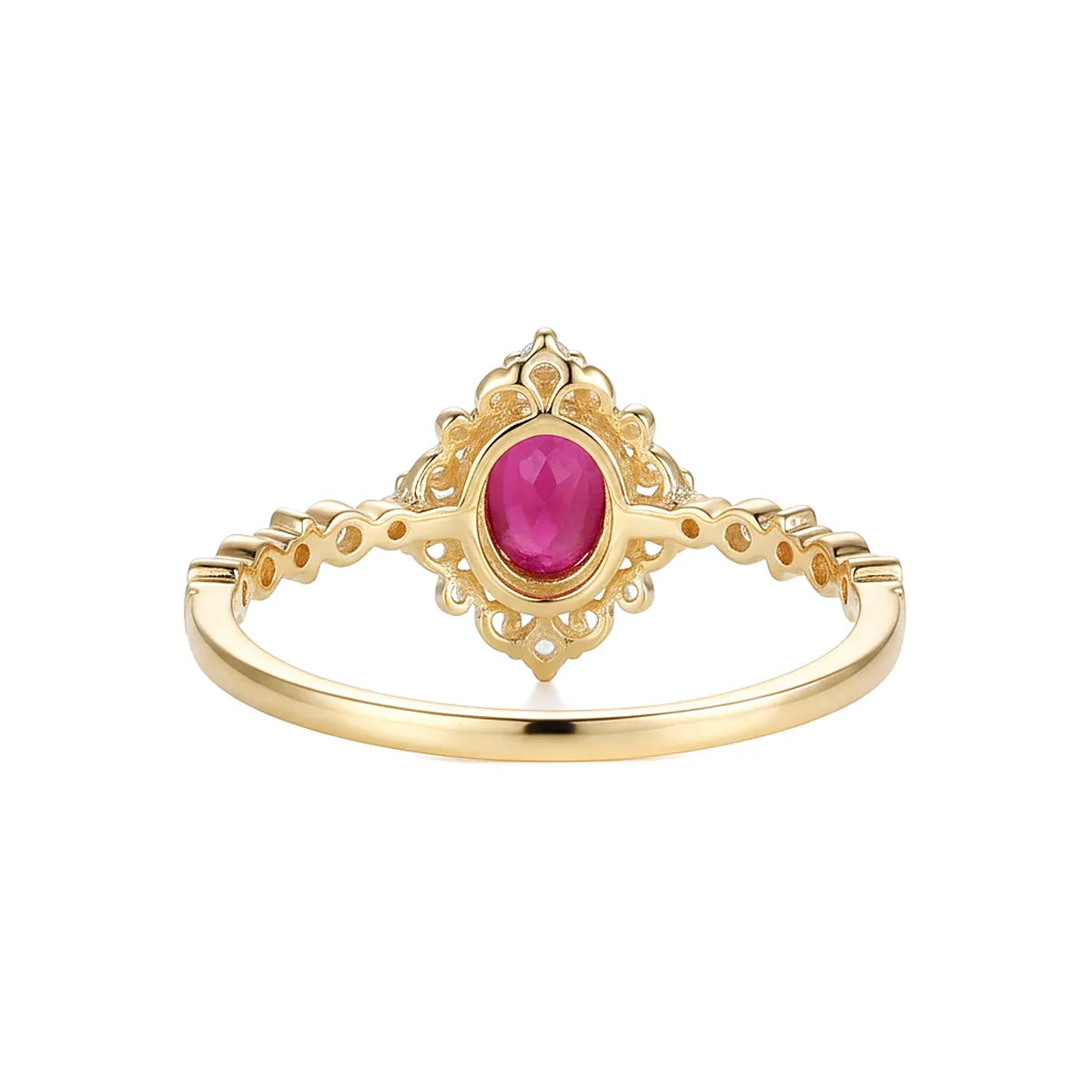 14K gold vintage filigree oval ring with 0.5ct lab-grown red diamond and round white diamond accents