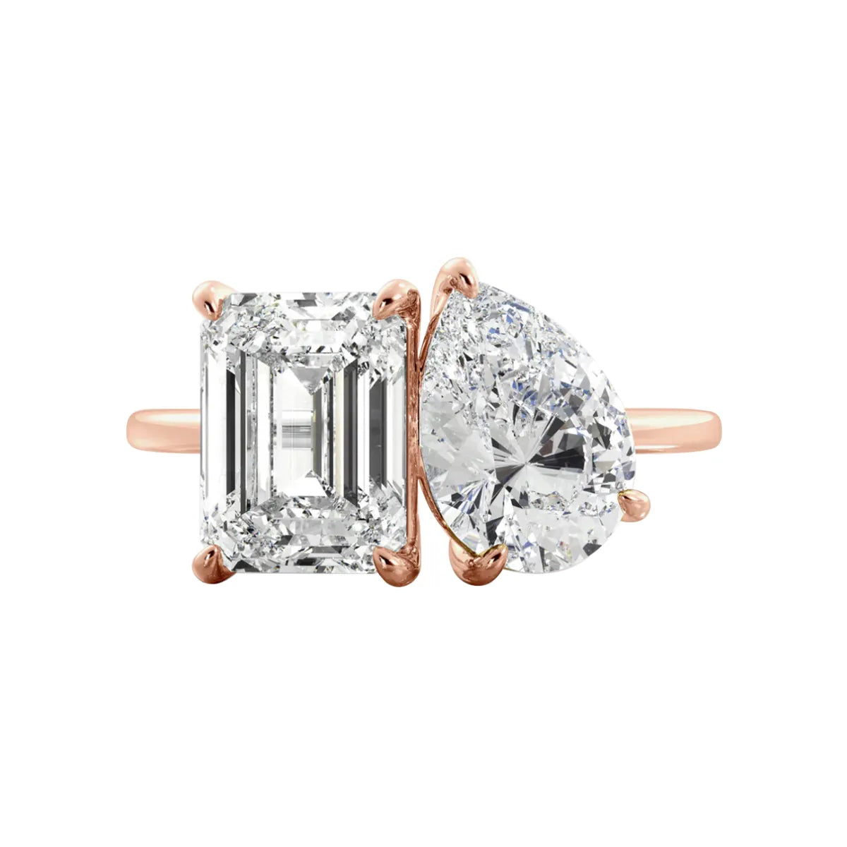 Toi et Moi emerald cut and round cut lab-grown diamond ring in 14K gold