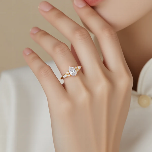 Hexagon-cut 1.5ct lab-grown diamond engagement ring with marquise and round accent stones, 14K gold band