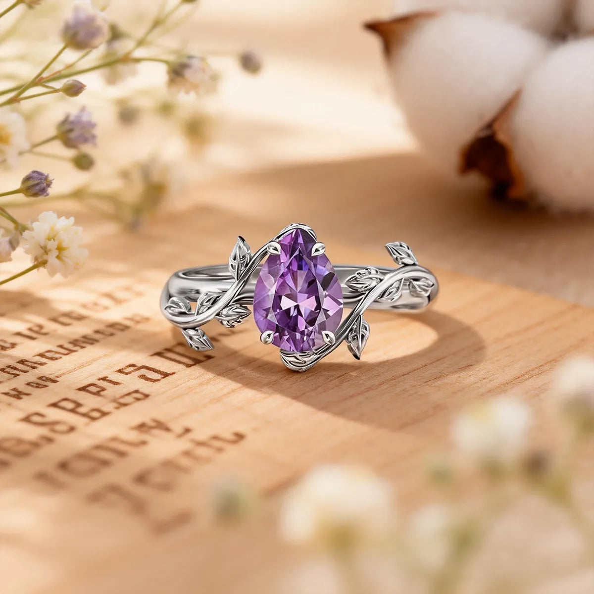 Vine wrap pear cut lab-grown purple diamond statement ring with leaf details